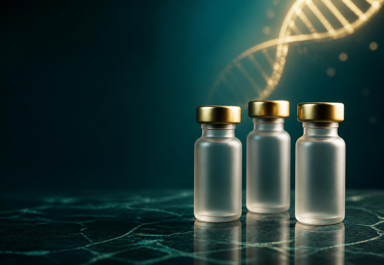 Sealed frosted laboratory vials with gold caps containing lyophilised research peptide powder